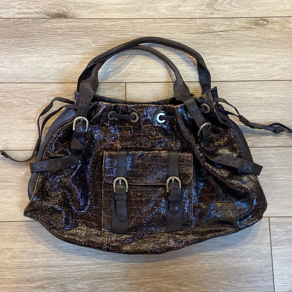 Adrienne Vittadini Brown Leather Boho Drawstring Buckle Bag